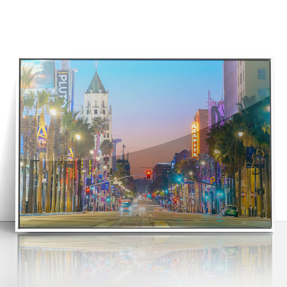 Art deco poster of Hollywood, California with pastel shades on a framed acrylic, suitable for modern art wall decor.
