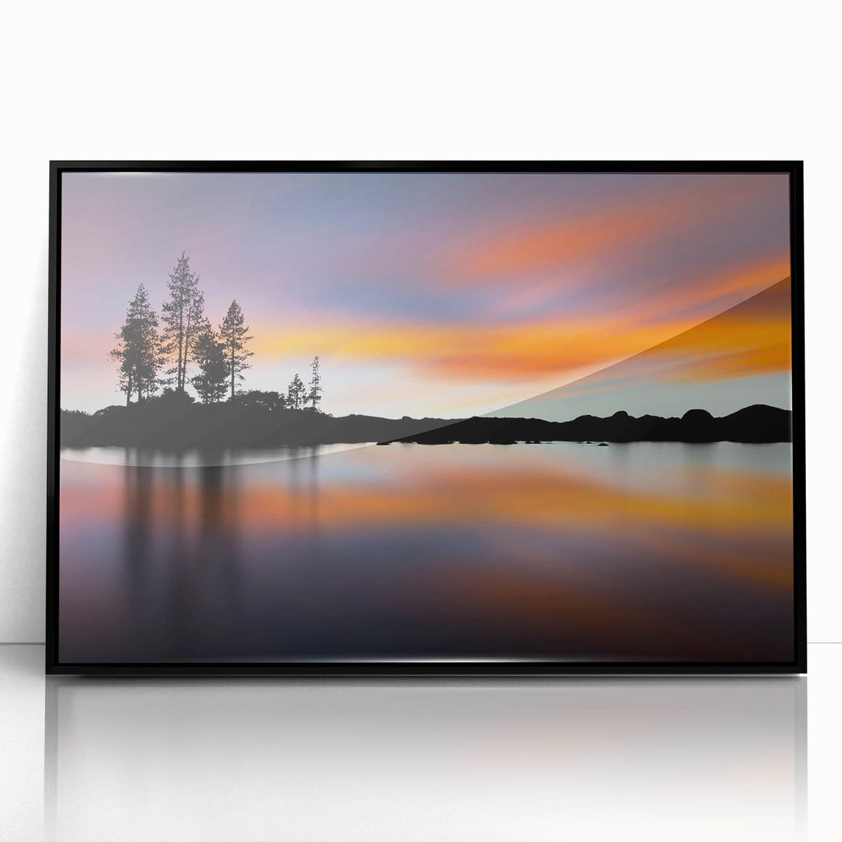 Large abstract wall art depicting Lake Tahoe in muted blues and greens, framed in black acrylic.