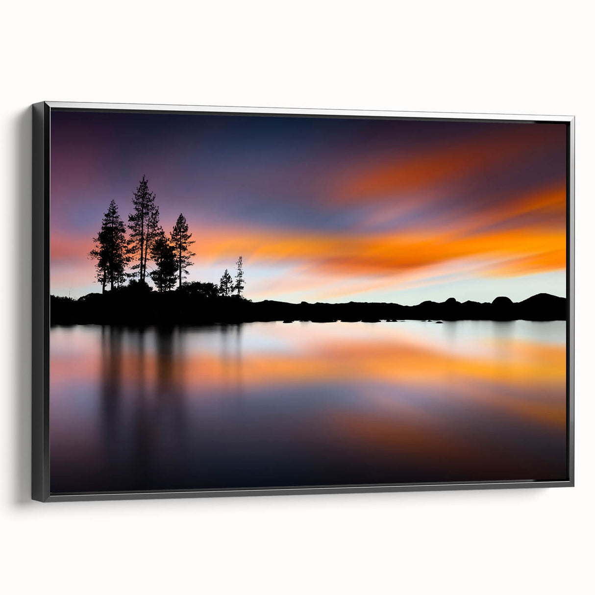 Black and white framed canvas featuring a vintage-style landscape painting of Lake Tahoe, ideal for bedroom wall decor.