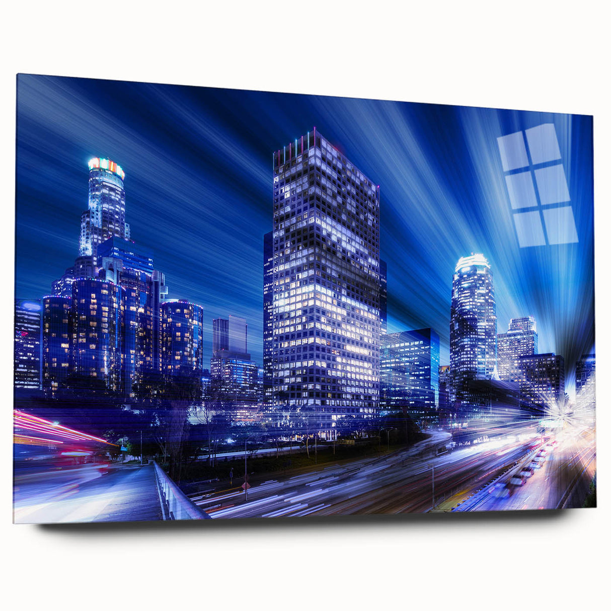 Acrylic print of a large abstract depiction of the Los Angeles skyline, featuring vibrant blue and orange tones.