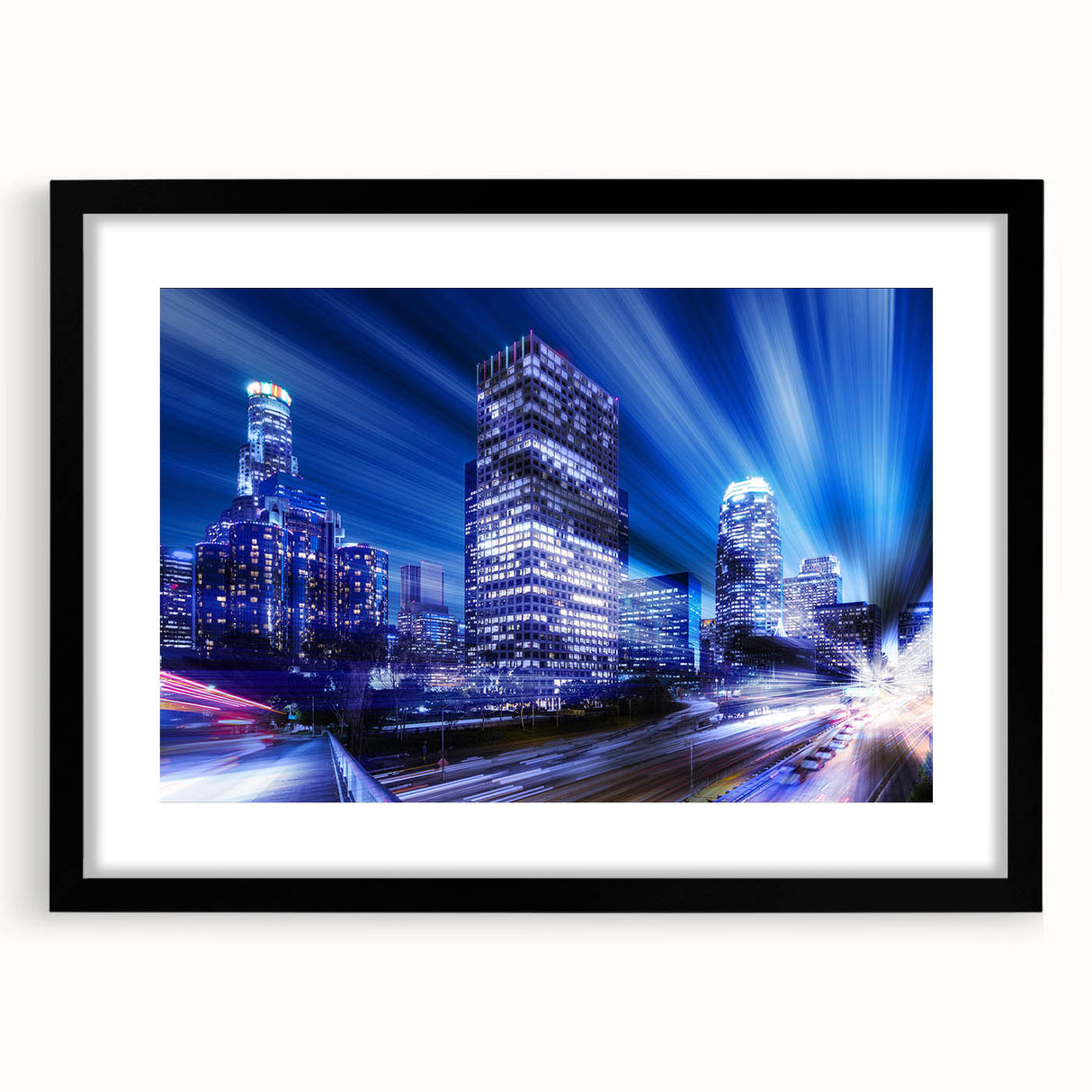 Extra large framed abstract art print of Los Angeles with vibrant, colorful textures, ideal for living room decor.