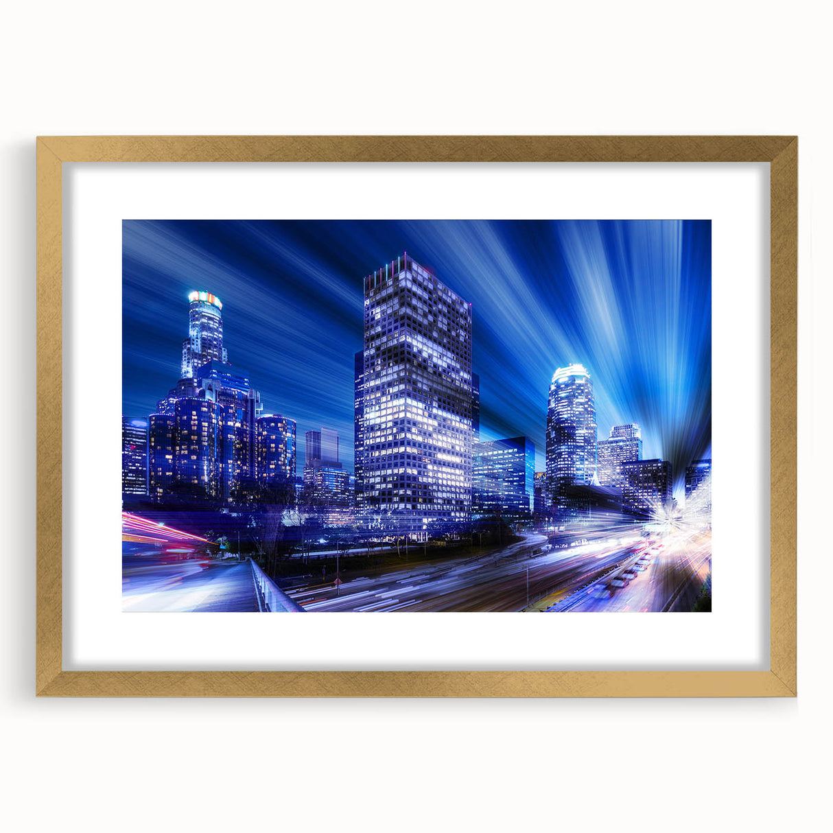 Extra large abstract art print of Los Angeles skyline in gold frame, featuring textured brush strokes in muted earth tones.