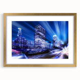 Extra large abstract art print of Los Angeles skyline in gold frame, featuring textured brush strokes in muted earth tones.
