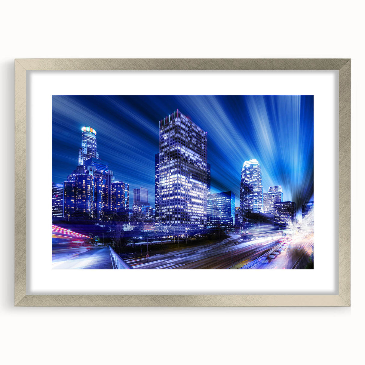 Textured art depicting an abstract Los Angeles skyline in muted silver and gray tones, framed in silver.