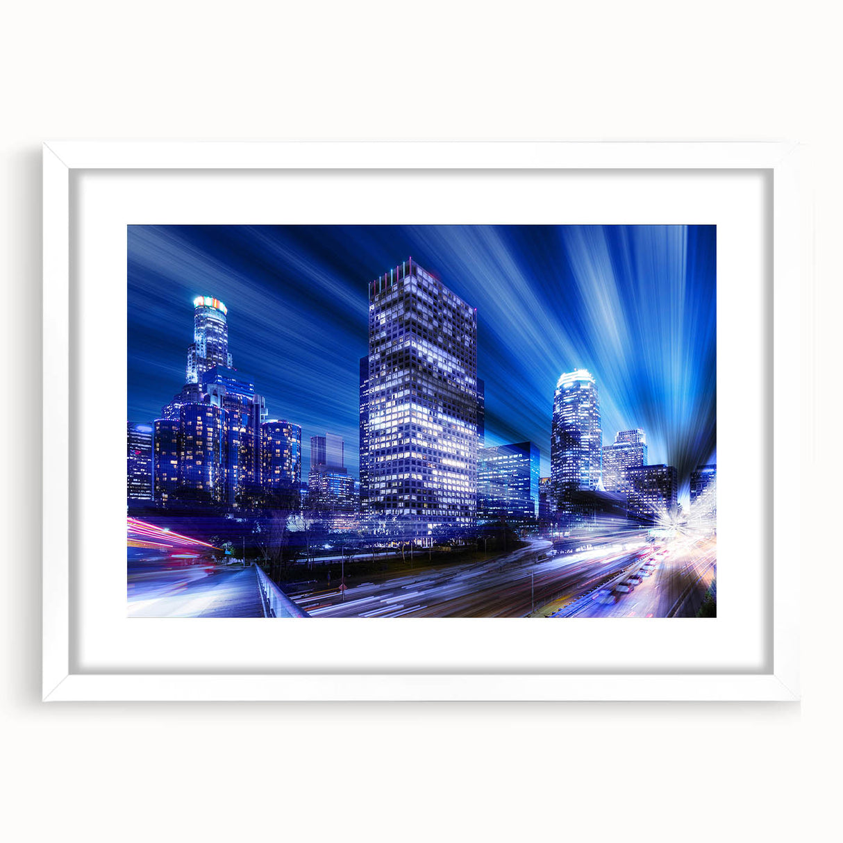 Abstract art print of Los Angeles skyline in muted gray tones on a framed white canvas, suitable for dining room decor.