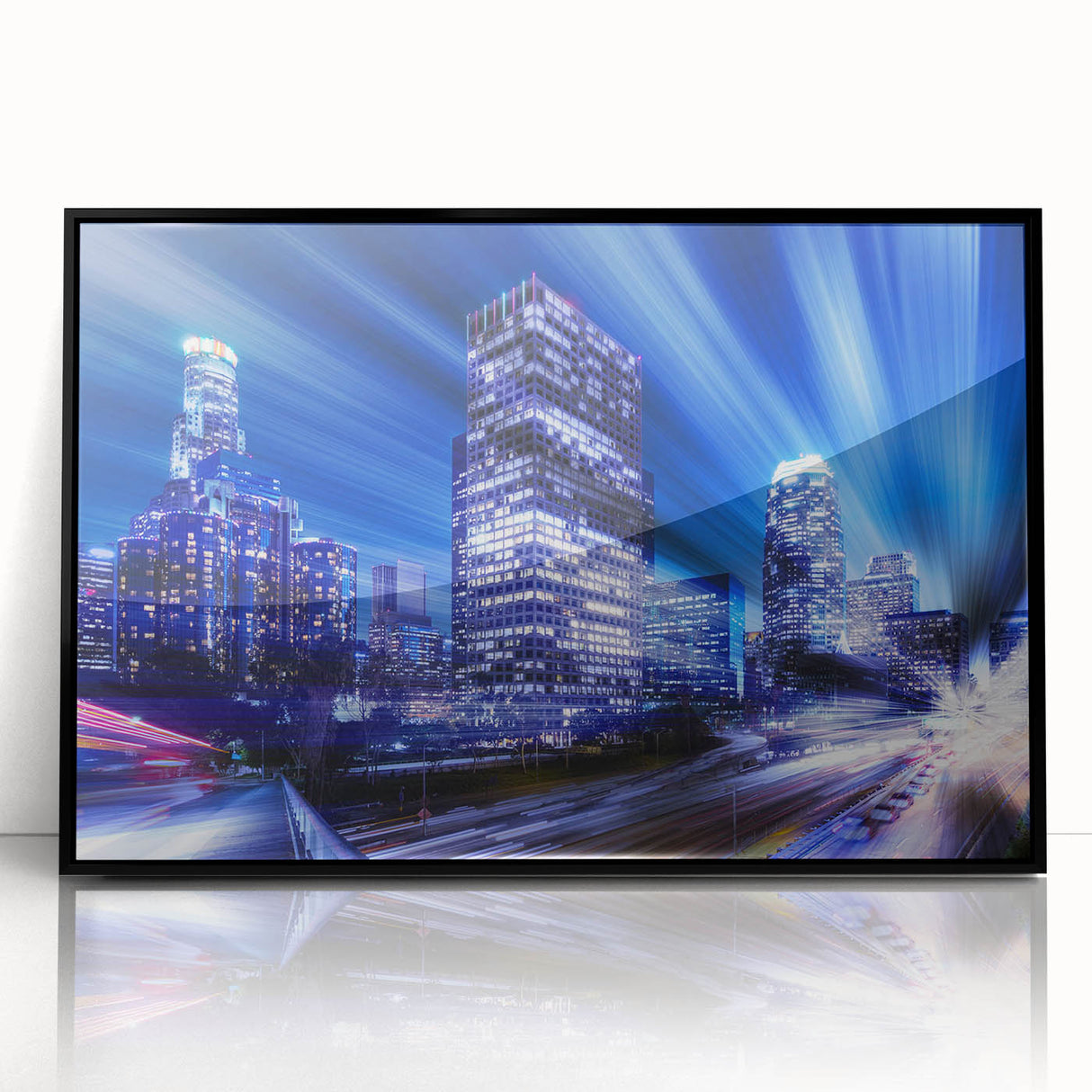 Large abstract wall art depicting Los Angeles skyline in muted gray tones on a black framed acrylic.