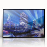 Large abstract wall art depicting Los Angeles skyline in muted gray tones on a black framed acrylic.