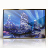 Large art print of Los Angeles skyline in muted gold tones on framed acrylic, suitable for modern art wall decor.