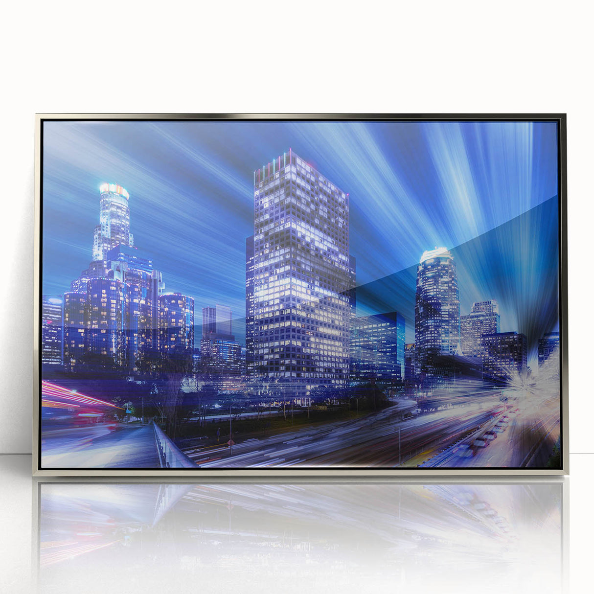 Mid-century modernist art of Los Angeles skyline in muted gray tones on silver-framed acrylic.