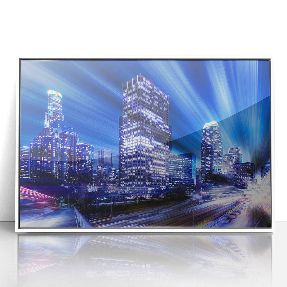 Acrylic print of Los Angeles skyline in art deco style, with muted gray and pastel tones, ideal for modern nursery wall art.