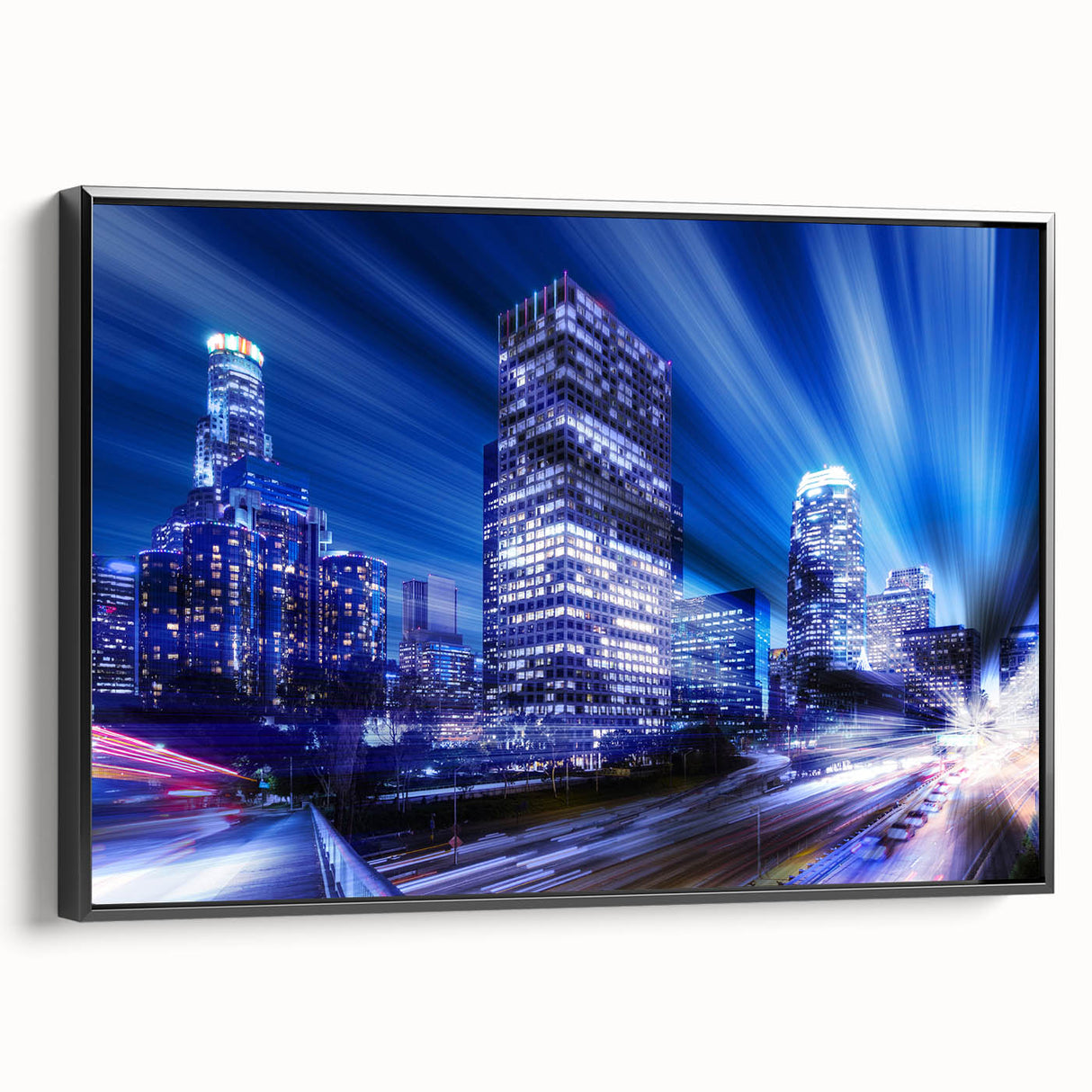 Black and white framed canvas of Los Angeles landscape, perfect for bedroom wall decor.