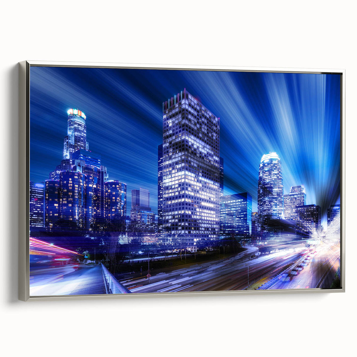 Landscape art painting of Los Angeles with colorful skyline on silver-framed canvas, ideal for modern living room decor.