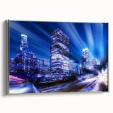 Landscape art painting of Los Angeles with colorful skyline on silver-framed canvas, ideal for modern living room decor.