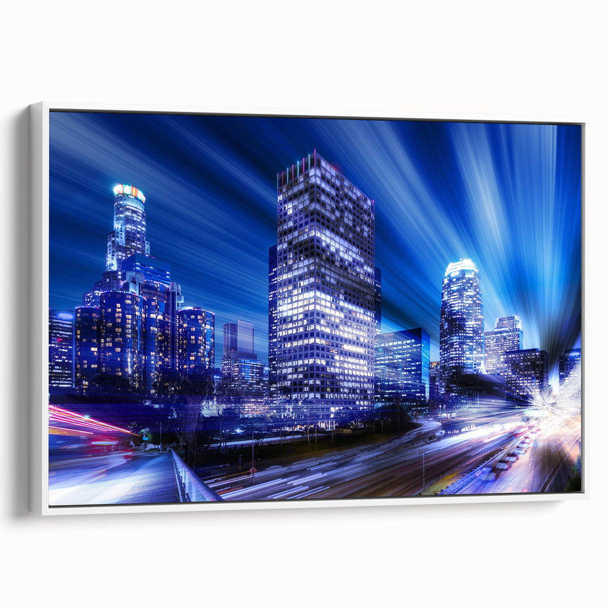 Vintage poster art of Los Angeles skyline on extra large framed canvas, featuring colorful art on a black background.