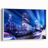 Vintage poster art of Los Angeles skyline on extra large framed canvas, featuring colorful art on a black background.
