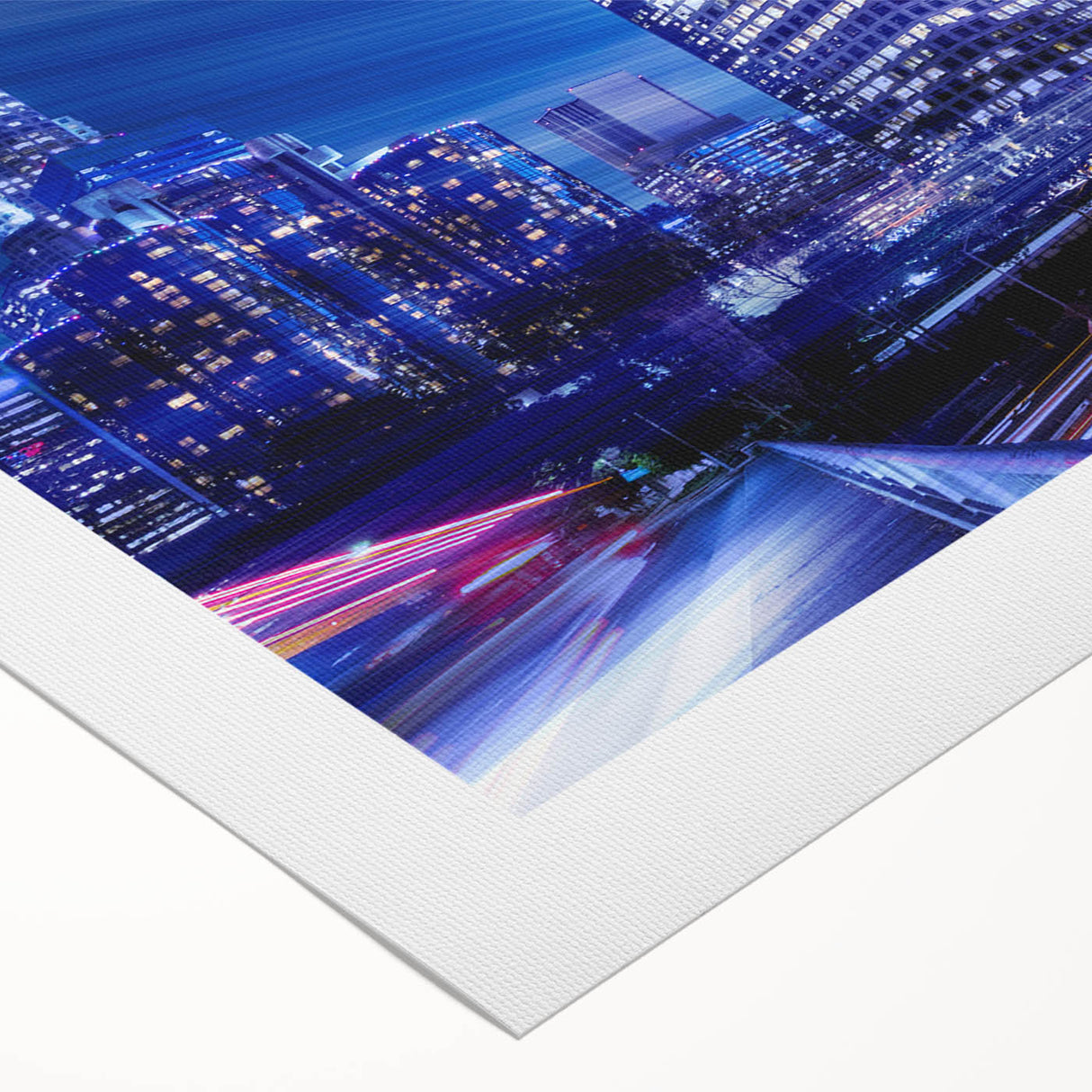 Art deco poster of Los Angeles skyline in muted gold and blue tones on rolled canvas, suitable for dining room wall art.
