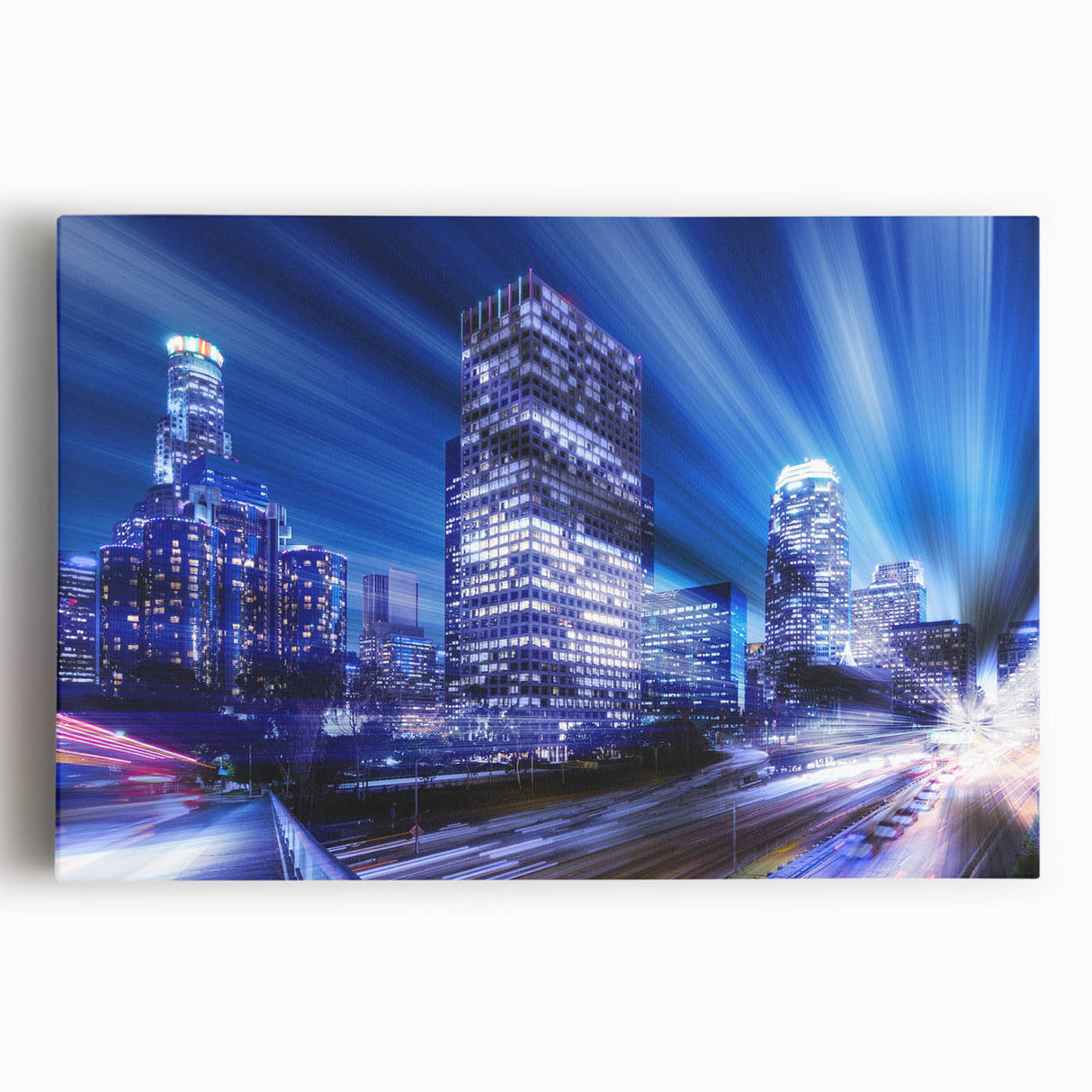 Black and white photo of Los Angeles skyline on stretched canvas, suitable for kitchen art.