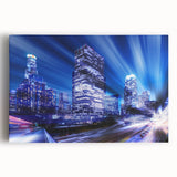 Black and white photo of Los Angeles skyline on stretched canvas, suitable for kitchen art.