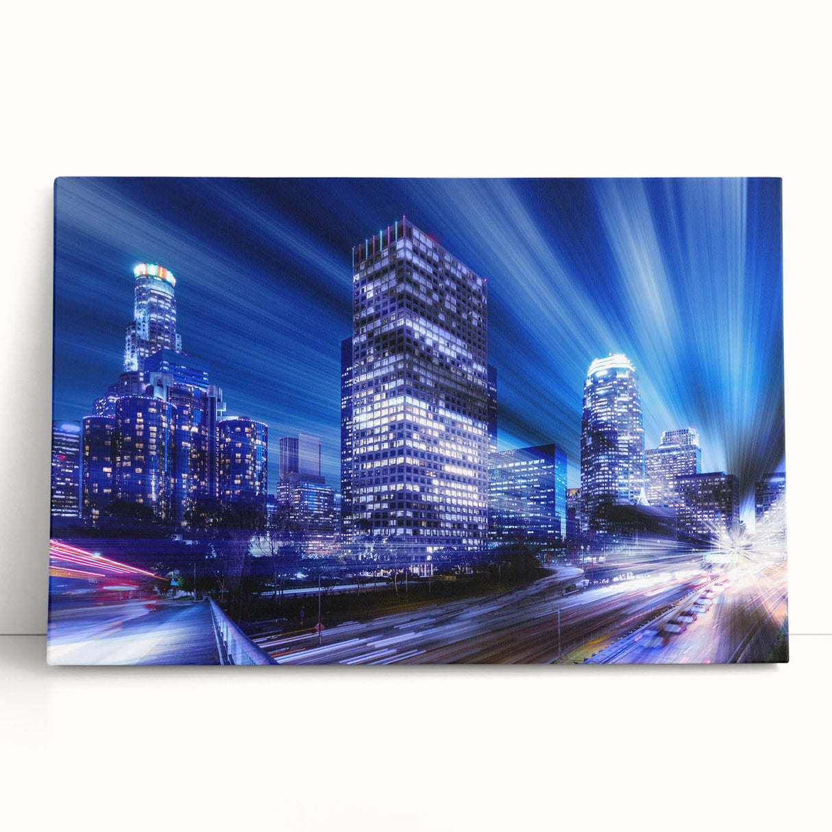 Black and white photo of Los Angeles skyline on stretched canvas, ideal for kitchen wall art.