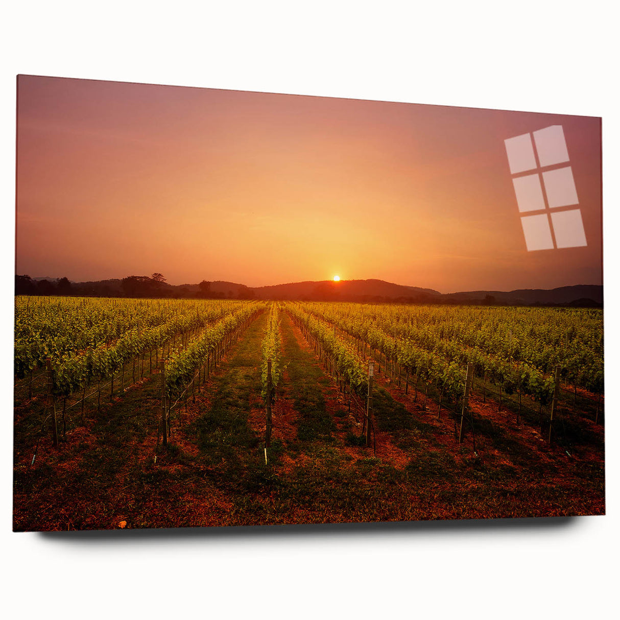 Acrylic print of a large abstract depiction of Napa Valley in earthy tones, suitable for bedroom or dining room decor.