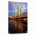 Large abstract depiction of Sacramento skyline in muted blues and grays on acrylic glass.