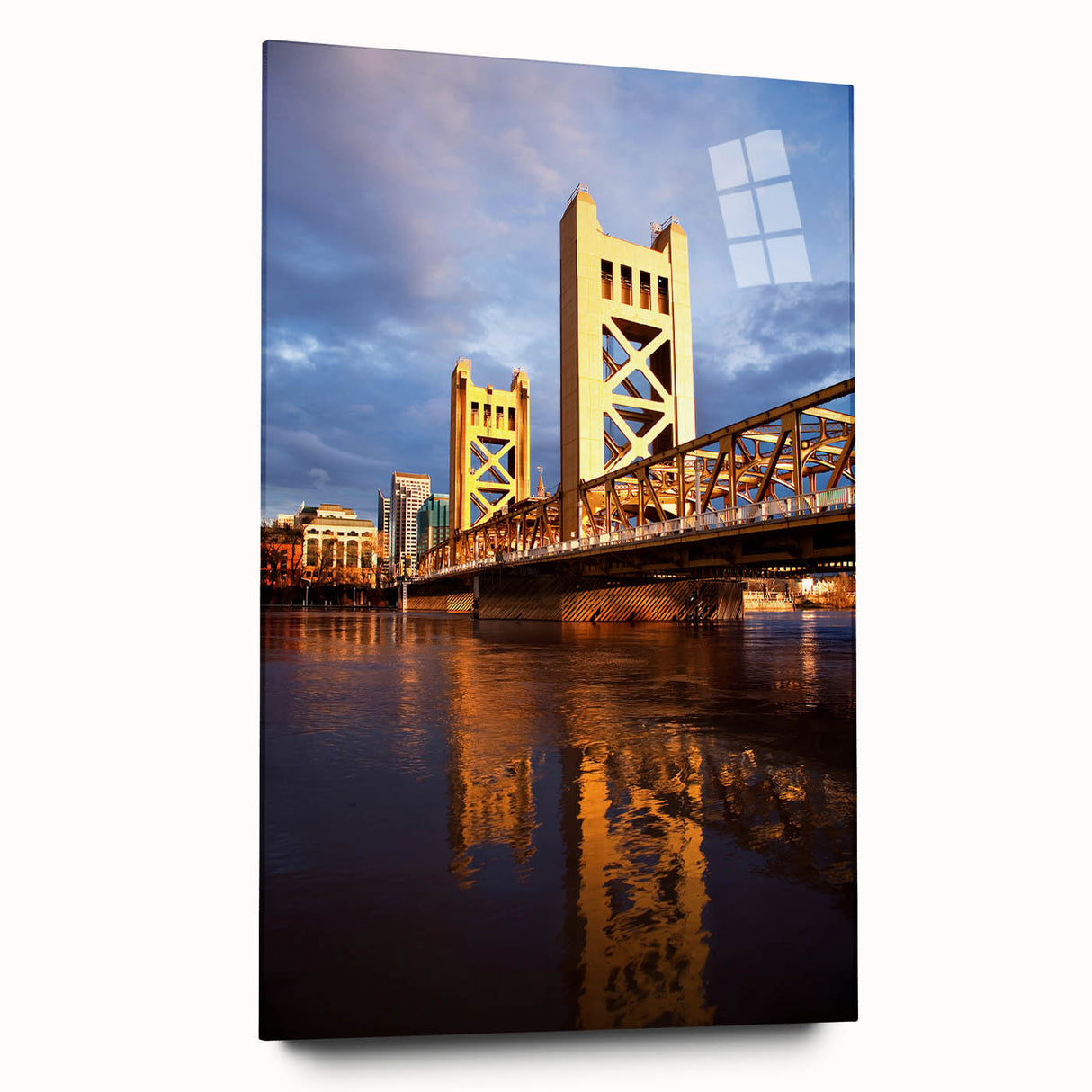 Large abstract wall art of Sacramento scenery in muted green and blue shades on acrylic glass.