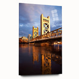 Large abstract wall art of Sacramento scenery in muted green and blue shades on acrylic glass.