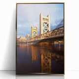Acrylic print of Sacramento scenery with gold frame, featuring mid-century modernist style, ideal for modern art wall decor.