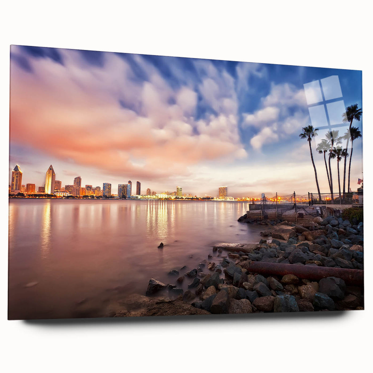 Large abstract wall art of San Diego scenery in muted blue tones on acrylic glass, ideal for bedroom or dining room decor.