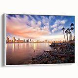 Vintage poster art of San Diego skyline in colorful tones on a large framed canvas, suitable for living room decor.