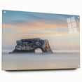 Large abstract wall art of Santa Cruz coastline in muted blues and greens on acrylic glass.