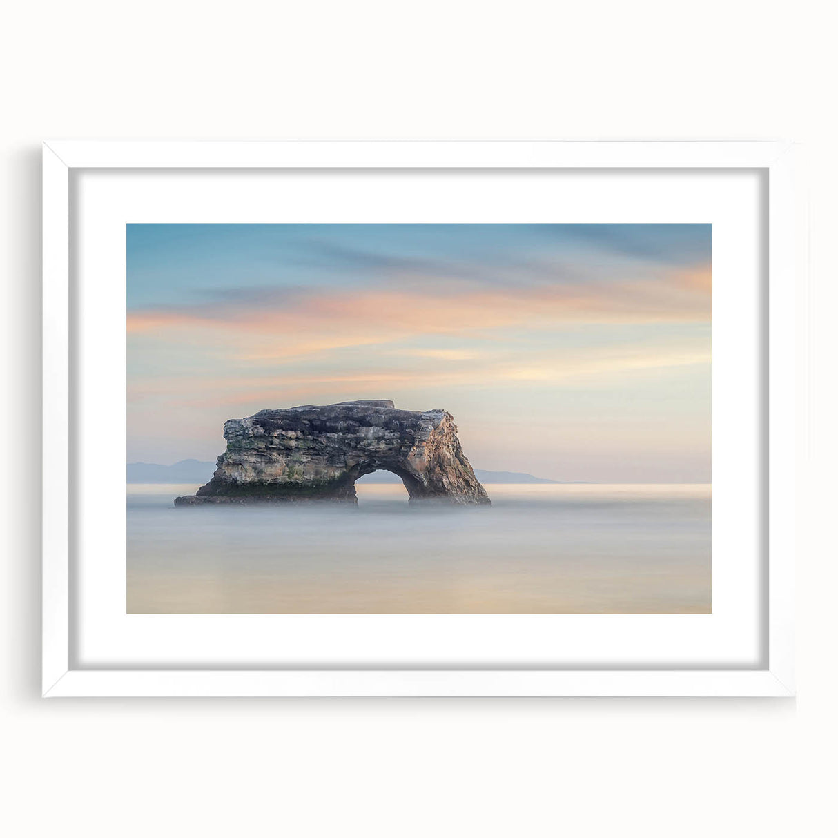 Abstract art print of Santa Cruz with muted blue and gray tones on a framed white mat, ideal for dining room decor.