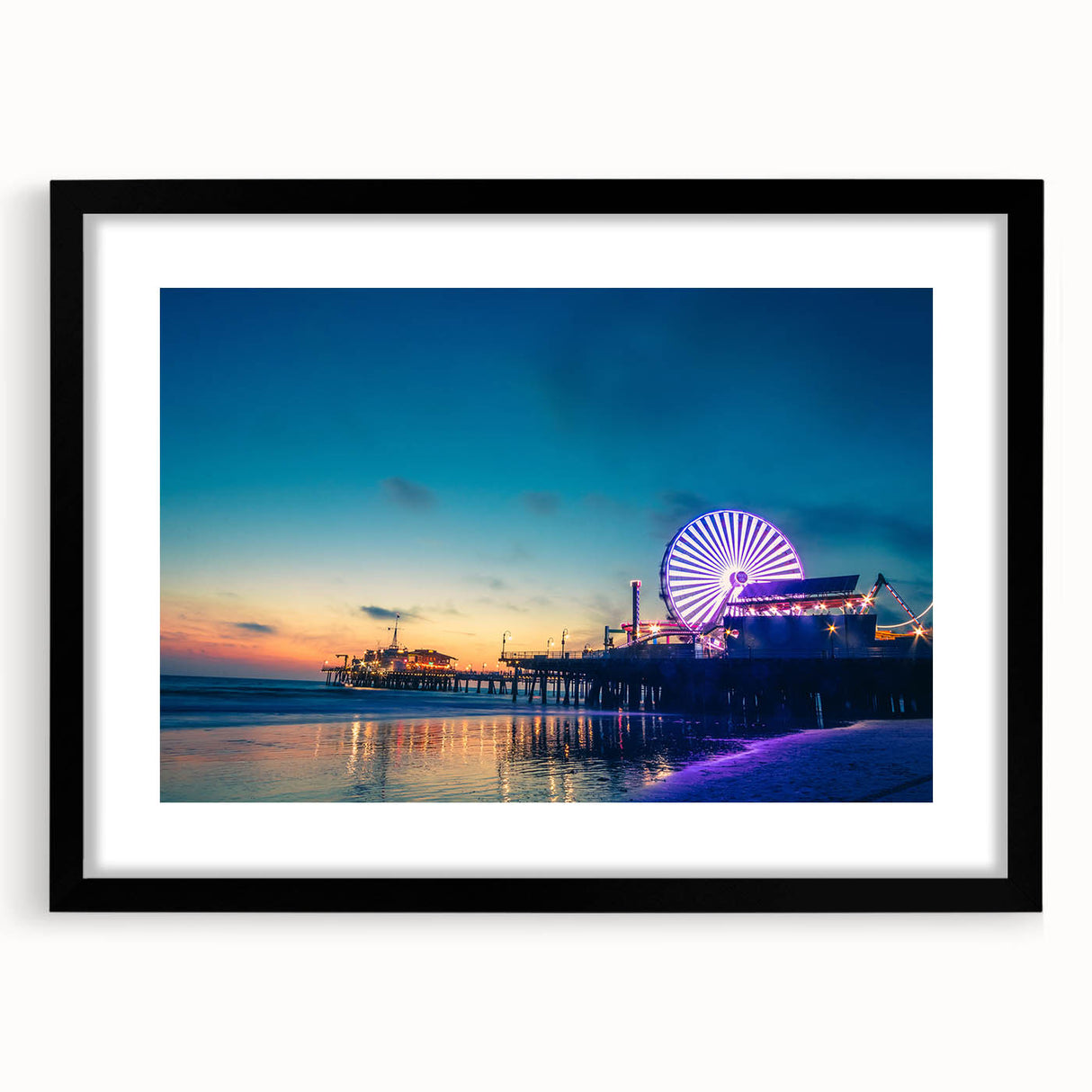 Extra large abstract art print of colorful, textured Santa Monica scenery, framed in black, ideal for living room decor.