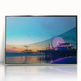 Mid-century modernist art of Santa Monica landscape in muted blue and grey, acrylic print framed in silver.