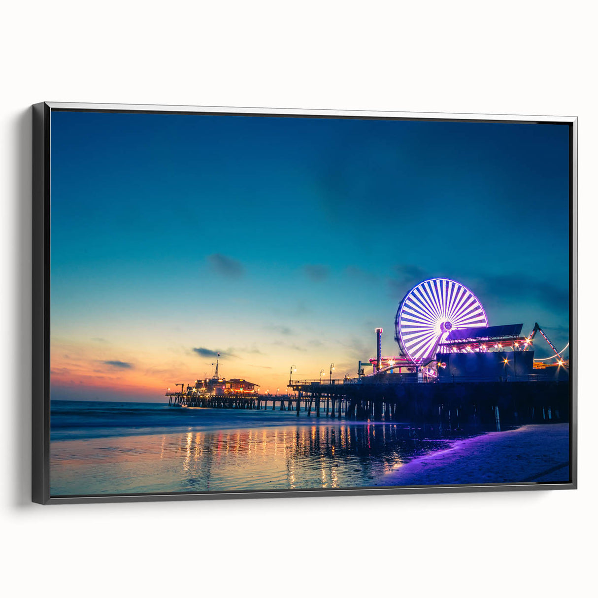 Black and white framed canvas of Santa Monica landscape, ideal for bedroom wall art, in a vintage poster style.