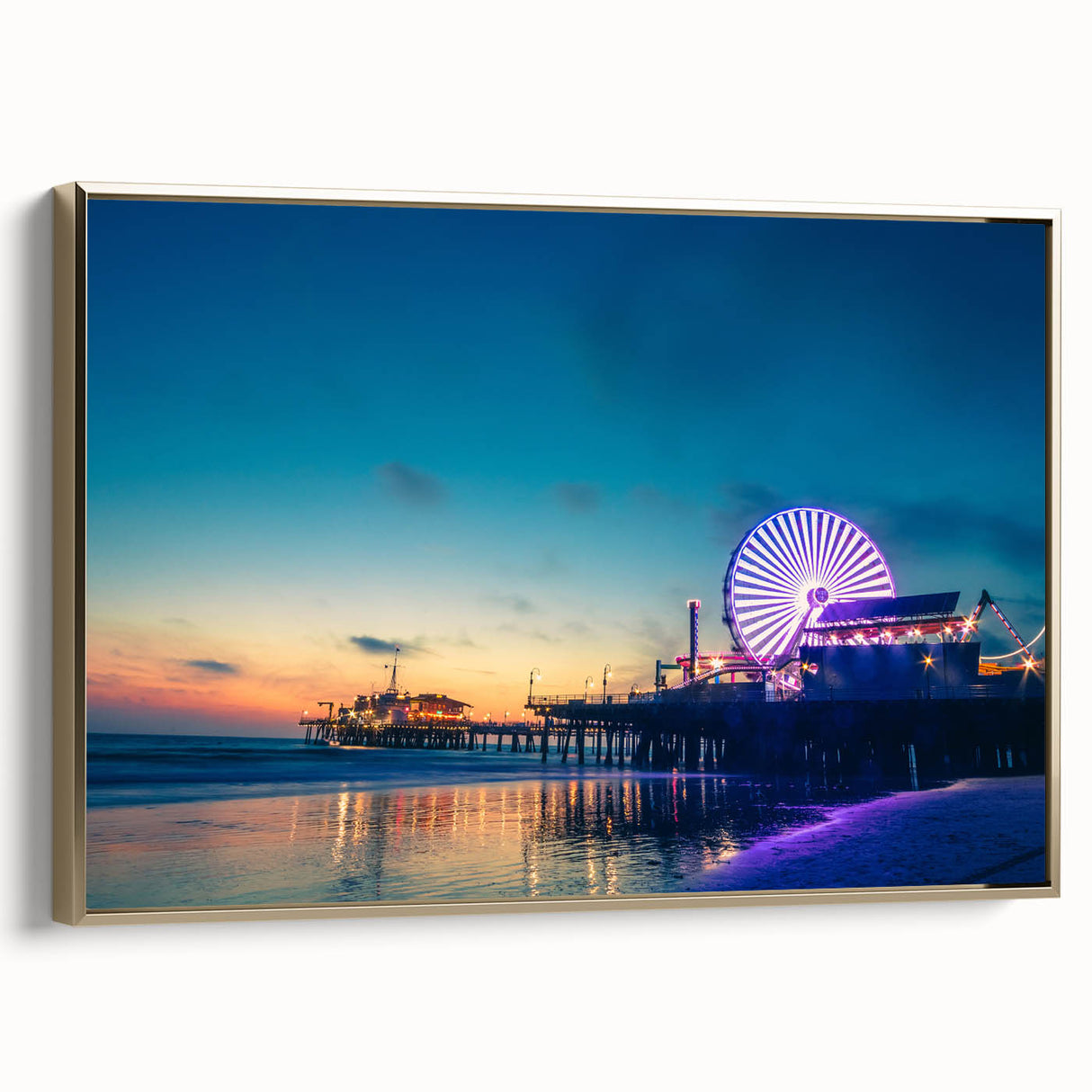 Framed canvas of a vintage-style Santa Monica landscape in black and gold tones, ideal for bedroom wall art.