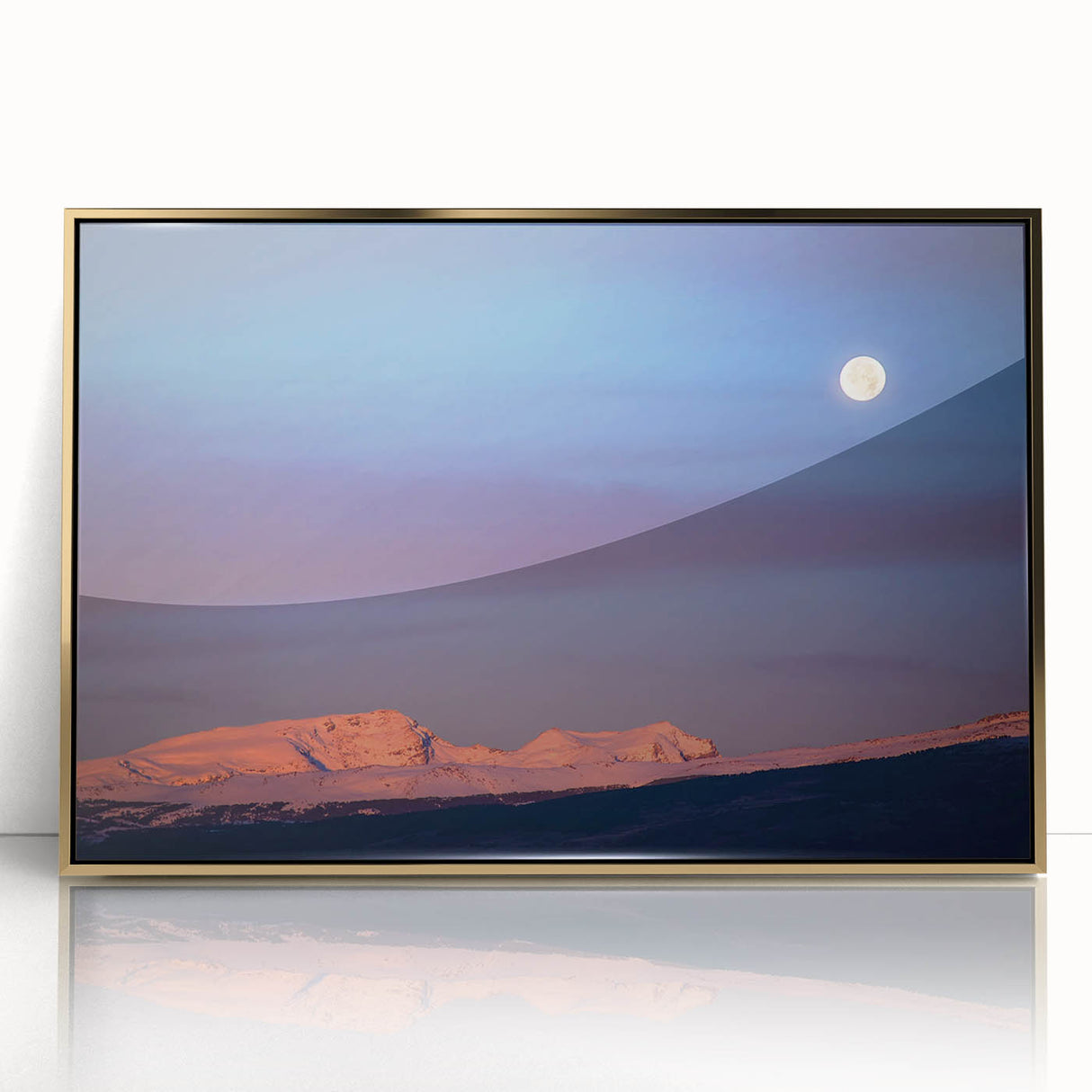 Large art print of Sierra Nevada landscape in gold frame, featuring muted earth tones, ideal for modern art wall decor.