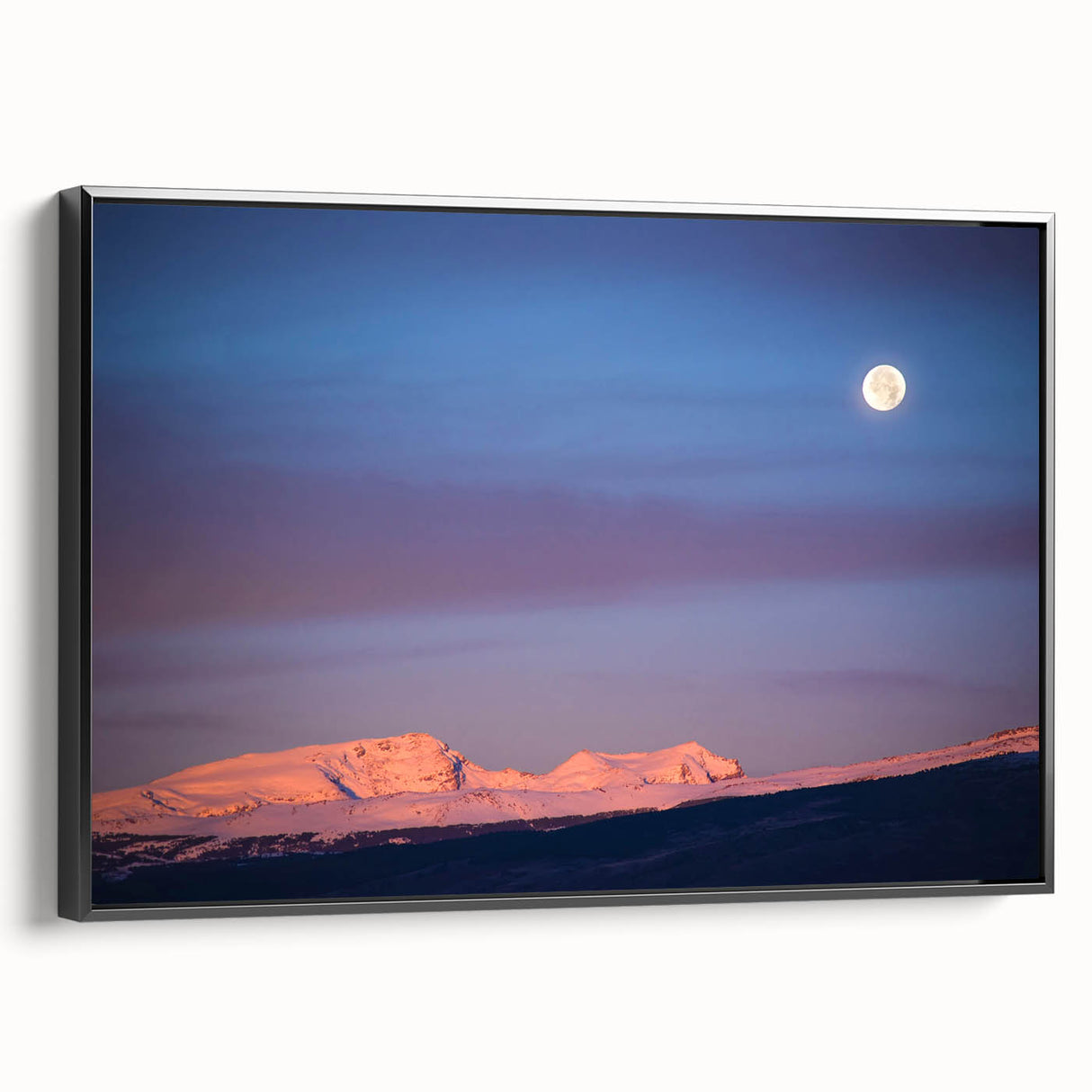 Black and white framed canvas of Sierra Nevada landscape, vintage poster style, ideal for bedroom decor.