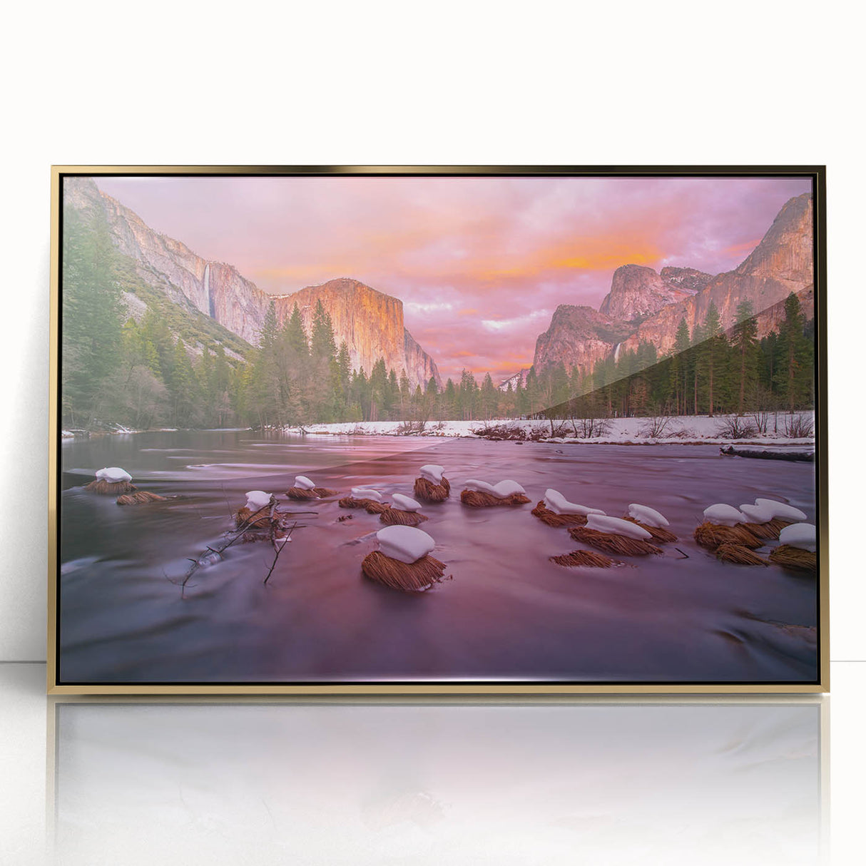 Large art print of Yosemite scenery in gold framed acrylic, featuring mid-century modernist style.