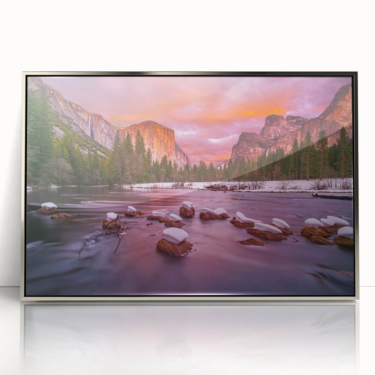 Mid-century modernist art depicting Yosemite scenery in muted earth tones on a framed acrylic, ideal for nursery wall art.