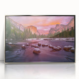 Mid-century modernist art depicting Yosemite scenery in muted earth tones on a framed acrylic, ideal for nursery wall art.