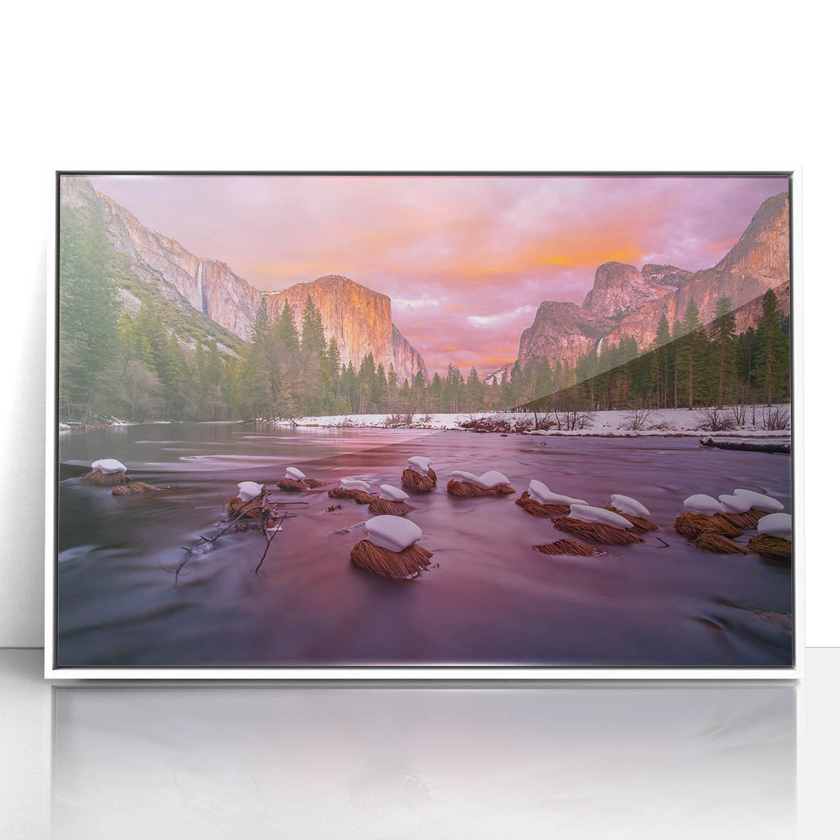 Acrylic print of Yosemite scenery in muted earth tones, framed in white, suitable for modern art wall decor.