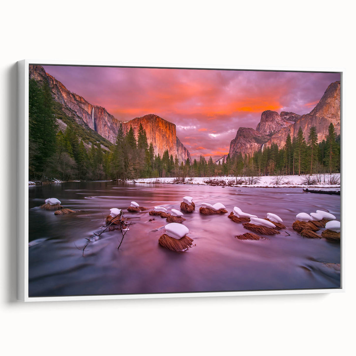 Framed canvas of vintage poster art depicting Yosemite scenery in muted earth tones, ideal for living room decor.