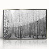 Mid-century modernist art depicting Aspen, Colorado scenery in silver framed acrylic, suitable for nursery wall decor.
