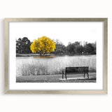 Textured abstract art print of Denver skyline in muted earth tones, framed in silver, ideal for bedroom art.