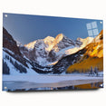Acrylic print of Maroon Bells, Colorado with muted earth tones, ideal for dining room art.
