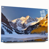 Acrylic print of Maroon Bells, Colorado with muted earth tones, ideal for dining room art.