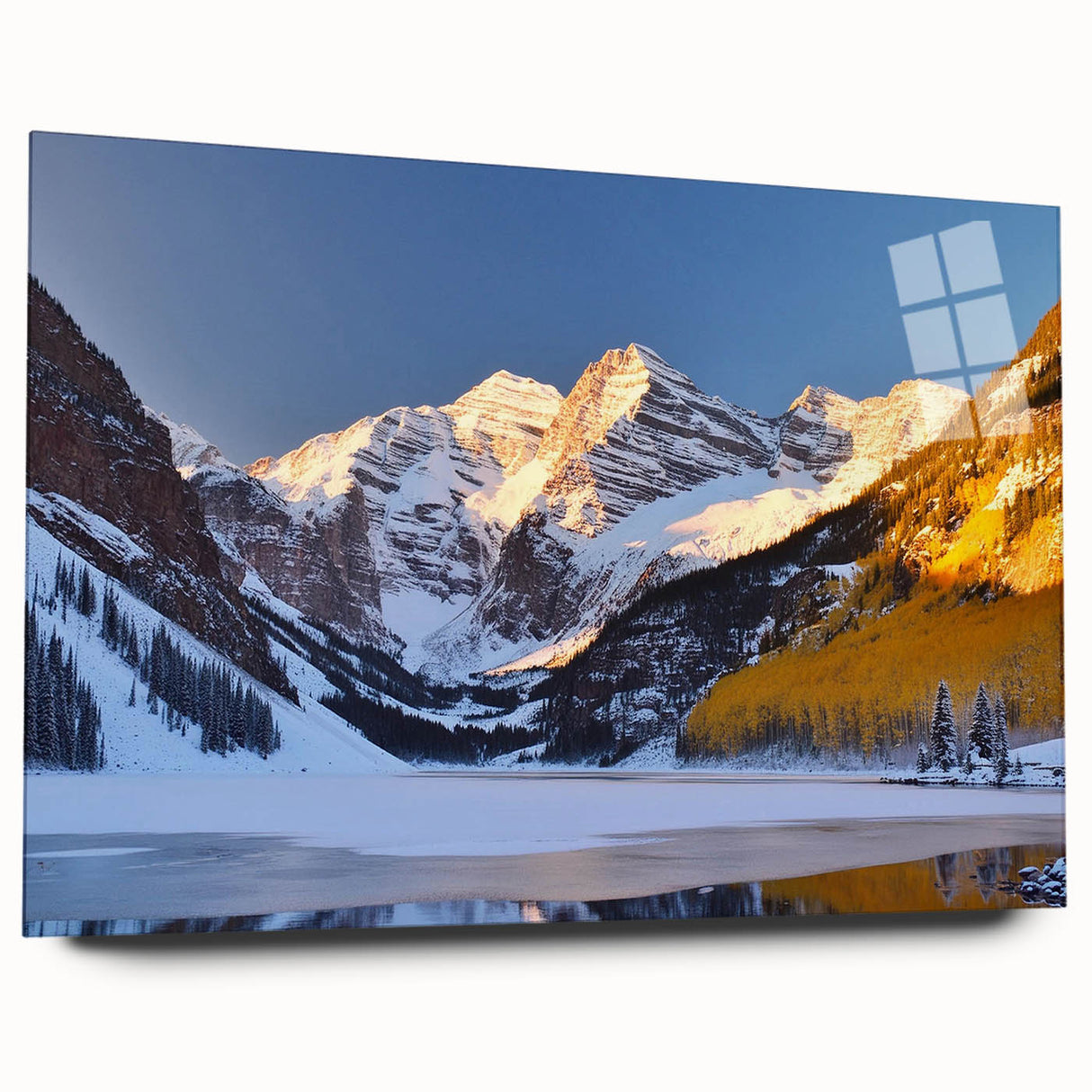 Acrylic print of Maroon Bells, Colorado with vibrant green and blue tones, suitable for bedroom or dining room decor.