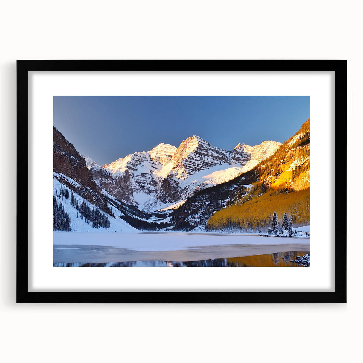Extra large framed print of colorful, abstract depiction of Maroon Bells, Colorado, in vibrant hues.