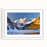 Abstract art print of Maroon Bells, Colorado, in muted earth tones on a framed white mat, suitable for dining room decor.